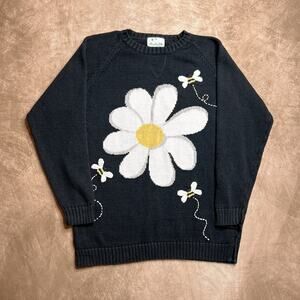 Vintage 90s The Quacker Factory Floral Daisy Bumble Bee Sweater Black Knit Boho